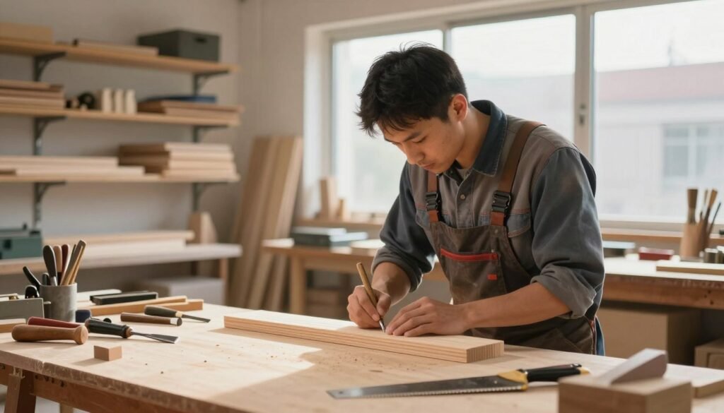 A detailed illustration of manual labor and its limitations in a modern workshop setting. In the foreground, a skilled worker in professional attire, focused on crafting an intricate wooden piece, surrounded by tools like chisels and saws. In the middle ground, shelves filled with unfinished projects and raw materials, highlighting the physical effort and craftsmanship involved. The background features a large window letting in soft, natural light, casting gentle shadows across the workspace. The atmosphere is one of diligent effort, displaying the contrast between the hands-on nature of manual work and emerging technological advancements. The scene should convey a sense of dedication, showcasing the strengths and limitations of manual labor in a visually engaging way. Use a warm color palette with a slightly blurred depth of field to emphasize the worker's task. A detailed illustration of manual labor and its limitations in a modern workshop setting. In the foreground, a skilled worker in professional attire, focused on crafting an intricate wooden piece, surrounded by tools like chisels and saws. In the middle ground, shelves filled with unfinished projects and raw materials, highlighting the physical effort and craftsmanship involved. The background features a large window letting in soft, natural light, casting gentle shadows across the workspace. The atmosphere is one of diligent effort, displaying the contrast between the hands-on nature of manual work and emerging technological advancements. The scene should convey a sense of dedication, showcasing the strengths and limitations of manual labor in a visually engaging way. Use a warm color palette with a slightly blurred depth of field to emphasize the worker's task.