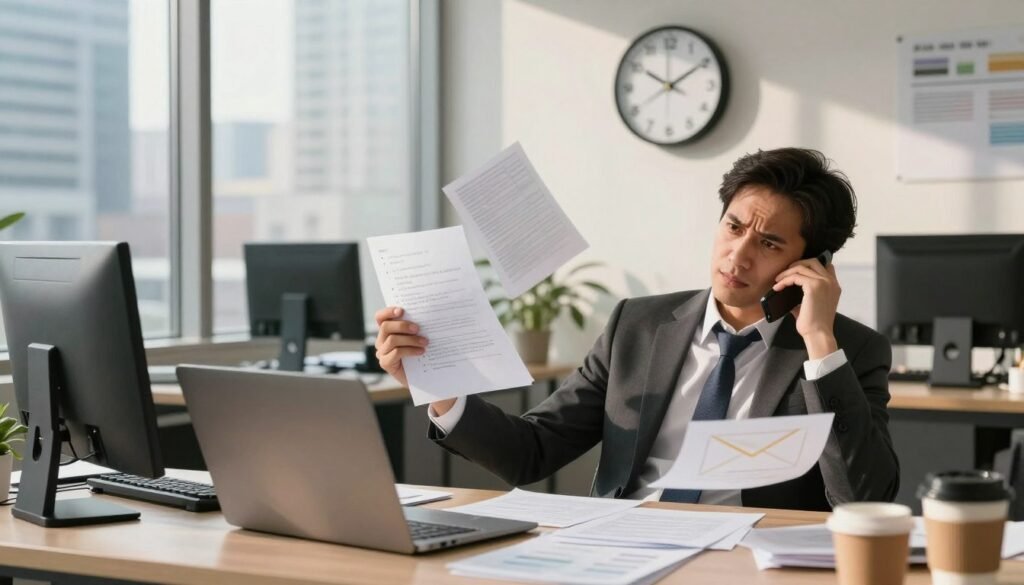 A focused office environment depicting an entrepreneur amidst a chaotic workspace, where a clock is prominently displayed, symbolizing time management issues. In the foreground, a businessperson dressed in a professional suit, looking frustrated while juggling multiple tasks, such as phone calls, emails, and papers. In the middle ground, a cluttered desk filled with to-do lists, coffee cups, and digital devices, hinting at distractions. In the background, a large window with a view of a bustling city, representing the outside world. The lighting is warm, with natural sunlight casting shadows, creating a sense of urgency and stress. The atmosphere conveys a mix of determination and chaos, highlighting the primary causes of time loss for entrepreneurs.