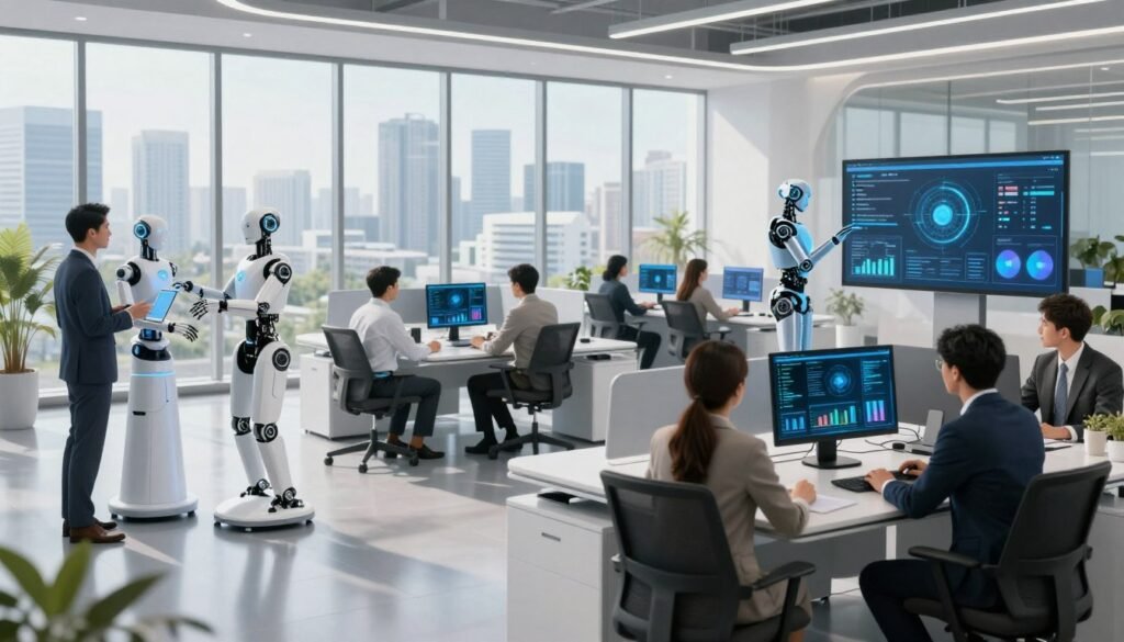 A futuristic office environment showcasing automation and productivity through AI. In the foreground, a diverse group of professionals in smart business attire engage with advanced robotic assistants and digital interfaces, analyzing data charts on large screens. In the middle ground, sleek, ergonomic workstations with high-tech gadgets depict an efficient workspace. Soft, natural light streams through large windows, creating a bright, optimistic atmosphere. The background features a panoramic city skyline with modern architecture, symbolizing progress and innovation. Use a wide-angle lens to capture the depth and scale of the scene, ensuring a clean, organized aesthetic that conveys a sense of collaboration and technological advancement in the workplace. A futuristic office environment showcasing automation and productivity through AI. In the foreground, a diverse group of professionals in smart business attire engage with advanced robotic assistants and digital interfaces, analyzing data charts on large screens. In the middle ground, sleek, ergonomic workstations with high-tech gadgets depict an efficient workspace. Soft, natural light streams through large windows, creating a bright, optimistic atmosphere. The background features a panoramic city skyline with modern architecture, symbolizing progress and innovation. Use a wide-angle lens to capture the depth and scale of the scene, ensuring a clean, organized aesthetic that conveys a sense of collaboration and technological advancement in the workplace.