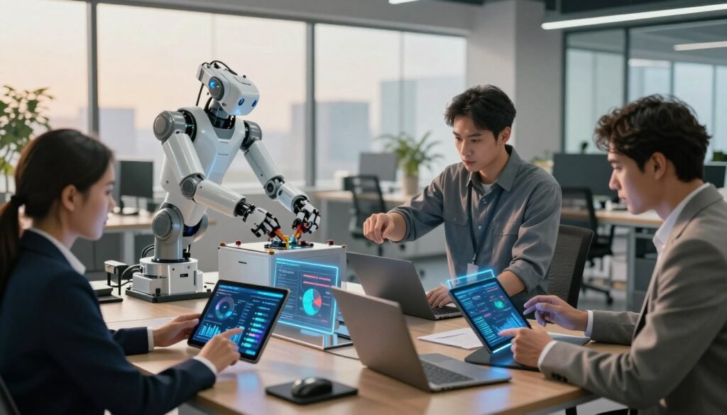 A futuristic office scene showing a side-by-side comparison of artificial intelligence and manual labor productivity. In the foreground, a diverse group of professionals in business attire evaluates data on digital tablets, surrounded by holographic displays illustrating productivity metrics. The middle ground features an AI robot efficiently assembling products with advanced technology, while a skilled manual worker, focused and reliable, performs the same task with traditional tools. The background reveals a modern workspace with large windows letting in soft, natural light, casting warm tones on the scene. The atmosphere is one of collaboration and competition, reflecting the dynamic discussion of productivity trends in 2026. The camera angle is slightly elevated, showcasing the interaction between AI and human labor. Overall, the mood conveys innovation and progress. A futuristic office scene showing a side-by-side comparison of artificial intelligence and manual labor productivity. In the foreground, a diverse group of professionals in business attire evaluates data on digital tablets, surrounded by holographic displays illustrating productivity metrics. The middle ground features an AI robot efficiently assembling products with advanced technology, while a skilled manual worker, focused and reliable, performs the same task with traditional tools. The background reveals a modern workspace with large windows letting in soft, natural light, casting warm tones on the scene. The atmosphere is one of collaboration and competition, reflecting the dynamic discussion of productivity trends in 2026. The camera angle is slightly elevated, showcasing the interaction between AI and human labor. Overall, the mood conveys innovation and progress.