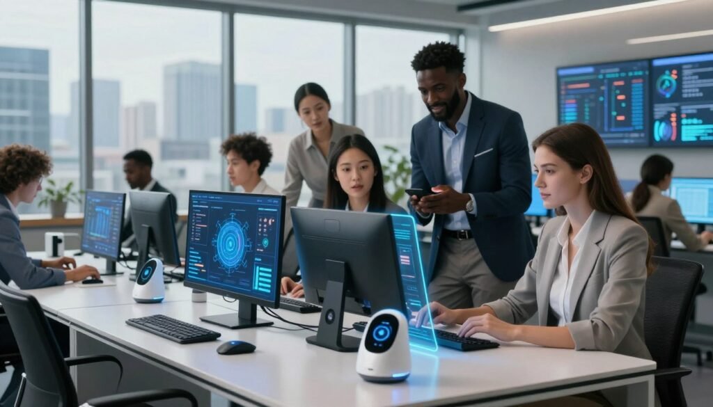 A futuristic workspace overflowing with innovative AI tools for productivity and automation. In the foreground, a sleek, modern desk equipped with multiple high-tech gadgets like holographic displays, smart assistants, and AI-powered software interfaces. In the middle ground, a diverse group of professionals — an Asian woman, a Black man, and a Caucasian woman, dressed in professional business attire — collaborating enthusiastically over a digital dashboard, showcasing graphs and productivity metrics. The background features a panoramic window revealing a city skyline, indicating a bright and optimistic future. Soft, ambient lighting enhances the focus on the tools and the engaged professionals, creating a sense of inspiration and forward-thinking in a dynamic environment. A futuristic workspace overflowing with innovative AI tools for productivity and automation. In the foreground, a sleek, modern desk equipped with multiple high-tech gadgets like holographic displays, smart assistants, and AI-powered software interfaces. In the middle ground, a diverse group of professionals — an Asian woman, a Black man, and a Caucasian woman, dressed in professional business attire — collaborating enthusiastically over a digital dashboard, showcasing graphs and productivity metrics. The background features a panoramic window revealing a city skyline, indicating a bright and optimistic future. Soft, ambient lighting enhances the focus on the tools and the engaged professionals, creating a sense of inspiration and forward-thinking in a dynamic environment.