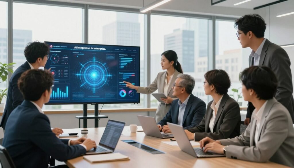 A modern business office environment showcasing "AI integration in enterprise." In the foreground, a diverse group of professionals, dressed in smart business attire, actively collaborate around a sleek conference table, reviewing digital data on a large screen displaying AI analytics. In the middle ground, a sophisticated digital interface casts a soft glow, symbolizing the seamless integration of AI technology in business strategies. The background features large windows with a cityscape view, allowing natural light to illuminate the scene. The atmosphere is dynamic and forward-thinking, with a sense of teamwork and innovation clearly conveyed. Use bright, warm lighting to enhance the productivity-focused mood, capturing the essence of a future-driven workplace. A modern business office environment showcasing "AI integration in enterprise." In the foreground, a diverse group of professionals, dressed in smart business attire, actively collaborate around a sleek conference table, reviewing digital data on a large screen displaying AI analytics. In the middle ground, a sophisticated digital interface casts a soft glow, symbolizing the seamless integration of AI technology in business strategies. The background features large windows with a cityscape view, allowing natural light to illuminate the scene. The atmosphere is dynamic and forward-thinking, with a sense of teamwork and innovation clearly conveyed. Use bright, warm lighting to enhance the productivity-focused mood, capturing the essence of a future-driven workplace.