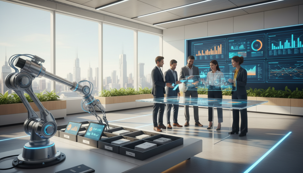 A modern office environment filled with automated technology and tools designed for repetitive task automation. In the foreground, a sleek robotic arm is organizing documents and handling data efficiently. In the middle, a diverse group of professionals in business attire interacts with digital interfaces, showcasing collaboration and productivity. The background features large windows with natural light streaming in, illuminating a vibrant workspace. There are screens displaying charts and analytics to emphasize technology’s impact on efficiency. The atmosphere is dynamic and innovative, suggesting progress and the future of work, with a bright color palette reflecting optimism and energy. A modern office environment filled with automated technology and tools designed for repetitive task automation. In the foreground, a sleek robotic arm is organizing documents and handling data efficiently. In the middle, a diverse group of professionals in business attire interacts with digital interfaces, showcasing collaboration and productivity. The background features large windows with natural light streaming in, illuminating a vibrant workspace. There are screens displaying charts and analytics to emphasize technology’s impact on efficiency. The atmosphere is dynamic and innovative, suggesting progress and the future of work, with a bright color palette reflecting optimism and energy.