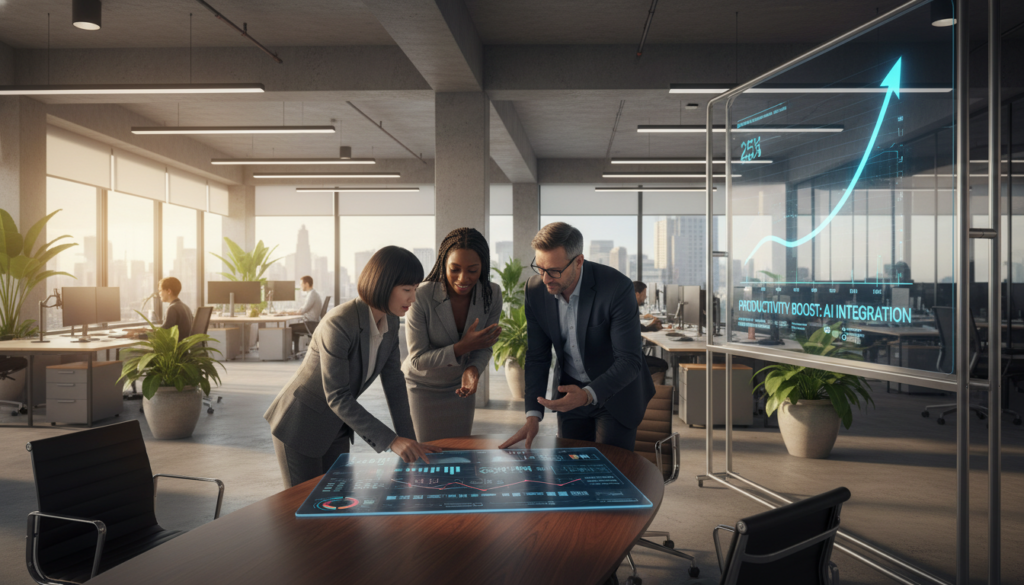 A modern office setting showcasing various AI tools in action. In the foreground, a diverse group of three professionals—two women and one man—collaborate around a sleek conference table, examining a tablet displaying data analytics. They are dressed in smart business attire, actively discussing their experiences with AI applications, showcasing engagement and teamwork. In the middle ground, a large screen displays a visual graph of improved productivity metrics due to AI integration. The background features an open office space, vibrant with greenery and glass walls, with employees focused on their work. Soft, natural lighting filters in from large windows, creating a bright and optimistic atmosphere. The scene conveys innovation, collaboration, and the practical benefits of AI in the workplace. A modern office setting showcasing various AI tools in action. In the foreground, a diverse group of three professionals—two women and one man—collaborate around a sleek conference table, examining a tablet displaying data analytics. They are dressed in smart business attire, actively discussing their experiences with AI applications, showcasing engagement and teamwork. In the middle ground, a large screen displays a visual graph of improved productivity metrics due to AI integration. The background features an open office space, vibrant with greenery and glass walls, with employees focused on their work. Soft, natural lighting filters in from large windows, creating a bright and optimistic atmosphere. The scene conveys innovation, collaboration, and the practical benefits of AI in the workplace.