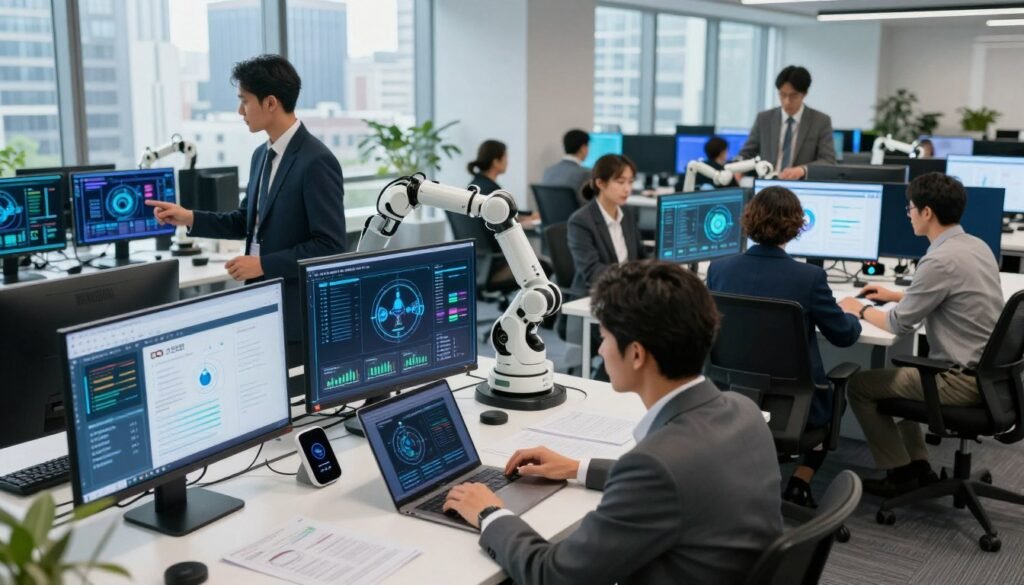 A modern office space filled with advanced technology, showcasing automation of repetitive tasks. In the foreground, a diverse group of professionals in business attire, collaborating over digital screens displaying AI tools, robotic processes, and graphs illustrating productivity improvements. In the middle, a sleek desk with a laptop, smart devices, and an advanced robotic arm interacting with paperwork. The background features large windows with a cityscape view, letting in natural light that enhances the vibrant colors of the workspace. The atmosphere is focused and productive, conveying a sense of innovation and efficiency, captured from a slightly elevated angle to provide depth and clarity. A modern office space filled with advanced technology, showcasing automation of repetitive tasks. In the foreground, a diverse group of professionals in business attire, collaborating over digital screens displaying AI tools, robotic processes, and graphs illustrating productivity improvements. In the middle, a sleek desk with a laptop, smart devices, and an advanced robotic arm interacting with paperwork. The background features large windows with a cityscape view, letting in natural light that enhances the vibrant colors of the workspace. The atmosphere is focused and productive, conveying a sense of innovation and efficiency, captured from a slightly elevated angle to provide depth and clarity.