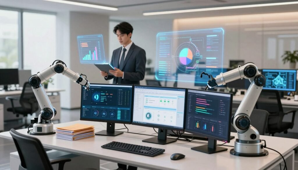 A modern office workspace filled with advanced AI productivity and automation tools. In the foreground, a sleek, high-tech workstation displays multiple monitors showcasing data analytics, automation workflows, and AI interfaces. A robotic arm is seen sorting files, symbolizing efficiency. In the middle ground, a professional individual in business attire is engaged with a digital tablet, while holographic interfaces project various graphs and workflows around them. The background features a clean, futuristic office environment with large windows allowing natural light to flood in, creating a warm and inviting atmosphere. The scene should convey innovation, efficiency, and a focus on technology. Soft lighting highlights the tools and creates a lively yet serene mood, capturing the essence of productivity and automation in 2026. A modern office workspace filled with advanced AI productivity and automation tools. In the foreground, a sleek, high-tech workstation displays multiple monitors showcasing data analytics, automation workflows, and AI interfaces. A robotic arm is seen sorting files, symbolizing efficiency. In the middle ground, a professional individual in business attire is engaged with a digital tablet, while holographic interfaces project various graphs and workflows around them. The background features a clean, futuristic office environment with large windows allowing natural light to flood in, creating a warm and inviting atmosphere. The scene should convey innovation, efficiency, and a focus on technology. Soft lighting highlights the tools and creates a lively yet serene mood, capturing the essence of productivity and automation in 2026.