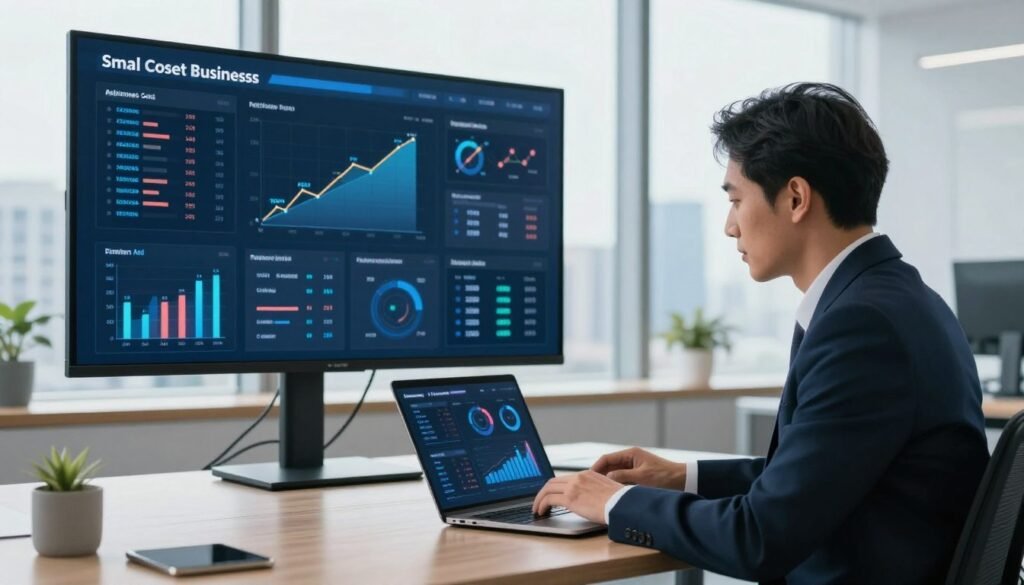 A modern, sleek office environment filled with technology and innovation. In the foreground, a business professional in smart attire analyzes data on a laptop, showcasing graphs and metrics related to AI tools and return on investment. In the middle ground, a digital dashboard displayed on a large screen outlines cost analysis and statistics of various AI solutions suitable for small businesses. The background features a bright window with a city skyline, symbolizing growth and opportunity. The lighting is bright and inviting, highlighting a sense of productivity and focus. The overall atmosphere conveys a sense of optimism and forward-thinking, emphasizing the impact of AI on business efficiency.