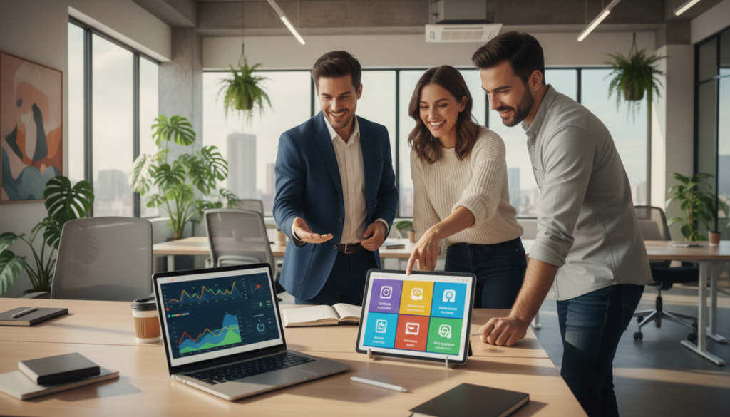 A modern workspace showcasing the seamless integration of AI tools into daily work processes. In the foreground, a sleek laptop displays intuitive AI software with colorful graphs and analytics. Beside it, a tablet demonstrates project management features, surrounded by digital icons representing various AI applications. In the middle ground, a diverse group of professionals (two men and one woman) in smart casual attire discuss ideas, pointing at the laptop screen enthusiastically. The background features a brightly lit office environment with large windows, plants, and minimalist decor, emphasizing a collaborative atmosphere. Soft, natural lighting enhances the scene, creating an inspiring and productive mood, captured from a slightly elevated angle to provide depth. A modern workspace showcasing the seamless integration of AI tools into daily work processes. In the foreground, a sleek laptop displays intuitive AI software with colorful graphs and analytics. Beside it, a tablet demonstrates project management features, surrounded by digital icons representing various AI applications. In the middle ground, a diverse group of professionals (two men and one woman) in smart casual attire discuss ideas, pointing at the laptop screen enthusiastically. The background features a brightly lit office environment with large windows, plants, and minimalist decor, emphasizing a collaborative atmosphere. Soft, natural lighting enhances the scene, creating an inspiring and productive mood, captured from a slightly elevated angle to provide depth.