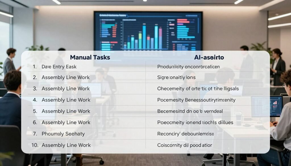 A professional and sleek comparative table illustrating the contrast between manual tasks and AI-assisted tasks, with a focus on productivity gains in 2026. The foreground features a clear, well-structured table with two columns: one for manual tasks and one for AI tasks, each showcasing various specific tasks such as data entry, assembly line work, and creative processes. The middle ground displays a bustling office environment with individuals in professional business attire, engaging with technology and discussing productivity metrics. In the background, a large digital screen presents dynamic graphs and statistics, enhancing the theme of advancement and efficiency. Soft, ambient lighting creates a modern, optimistic atmosphere, emphasizing innovation and collaboration. Capture the scene with a wide-angle lens to showcase the bustling environment. A professional and sleek comparative table illustrating the contrast between manual tasks and AI-assisted tasks, with a focus on productivity gains in 2026. The foreground features a clear, well-structured table with two columns: one for manual tasks and one for AI tasks, each showcasing various specific tasks such as data entry, assembly line work, and creative processes. The middle ground displays a bustling office environment with individuals in professional business attire, engaging with technology and discussing productivity metrics. In the background, a large digital screen presents dynamic graphs and statistics, enhancing the theme of advancement and efficiency. Soft, ambient lighting creates a modern, optimistic atmosphere, emphasizing innovation and collaboration. Capture the scene with a wide-angle lens to showcase the bustling environment.