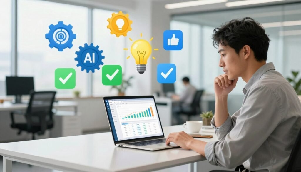 A visually engaging scene illustrating the criteria for choosing AI tools based on specific needs. In the foreground, a modern workspace with a sleek desk featuring a laptop displaying a dashboard of AI tools, graphs, and comparison charts. A thoughtful business professional in smart casual attire analyzes the information. In the middle ground, an array of AI tools symbolized by colorful icons or miniaturized representations like gears, lightbulbs, and checkmarks, each representing different features or criteria such as usability, cost-effectiveness, and integration capability. The background showcases a bright, open office environment with large windows allowing natural light to pour in, creating an optimistic and productive atmosphere. The overall mood is focused yet inspiring, emphasizing decision-making in a tech-savvy landscape. A visually engaging scene illustrating the criteria for choosing AI tools based on specific needs. In the foreground, a modern workspace with a sleek desk featuring a laptop displaying a dashboard of AI tools, graphs, and comparison charts. A thoughtful business professional in smart casual attire analyzes the information. In the middle ground, an array of AI tools symbolized by colorful icons or miniaturized representations like gears, lightbulbs, and checkmarks, each representing different features or criteria such as usability, cost-effectiveness, and integration capability. The background showcases a bright, open office environment with large windows allowing natural light to pour in, creating an optimistic and productive atmosphere. The overall mood is focused yet inspiring, emphasizing decision-making in a tech-savvy landscape.