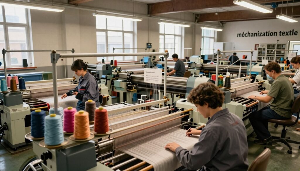 A bustling textile factory showcasing the essence of "mécanisation textile." In the foreground, intricate weaving machines operate rhythmically, with colorful spools of thread reflecting soft overhead lighting. Skilled workers in professional attire interact with advanced machinery, ensuring precision and efficiency. The middle ground features rows of automated cutting machines and conveyors, highlighting the blend of traditional craftsmanship and modern automation. The background reveals tall windows letting in natural light, illuminating the organized workspace filled with industrial design. The atmosphere conveys a sense of progress and innovation, with a warm, inviting glow enhancing the dynamic environment. Capture the essence of historical industrial revolutions while emphasizing the impact of automation on employment.