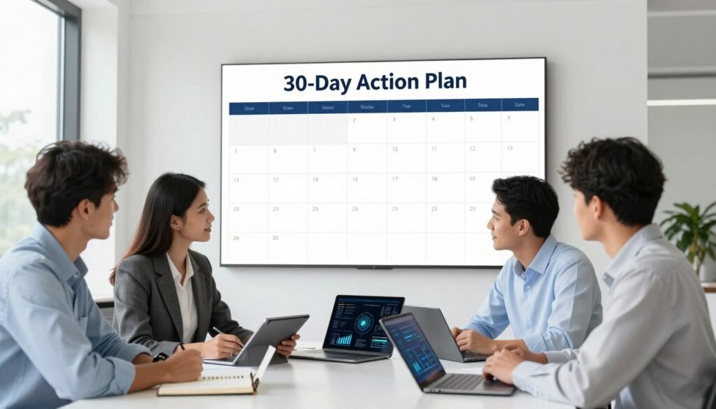 A clean, modern workspace featuring a large calendar titled "30-Day Action Plan" prominently displayed on a wall. In the foreground, a diverse group of three professionals in smart business attire, including a woman in a tailored blazer and two men in dress shirts, are engaged in a strategic discussion. They are surrounded by notebooks, digital tablets, and a laptop showcasing business graphs and AI schematics. The background shows a large window with natural light streaming in, illuminating the room and suggesting a productive atmosphere. The overall mood is focused and optimistic, conveying a sense of collaboration and innovation as they work on launching a profitable AI business in 2026.
