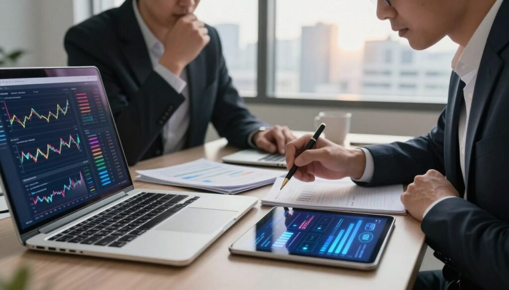 A close-up of a modern desk cluttered with financial analysis tools. In the foreground, a sleek laptop displays complex financial charts and graphs in vibrant colors. Beside it, there are scattered notes and a digital tablet showing an AI interface for personal finance management, illuminated with a soft blue light. In the middle ground, a confident business professional, dressed in smart attire, thoughtfully analyzes the data, with a focused expression and a pen in hand. The background features a large window revealing a city skyline, bathed in warm, natural light. The overall atmosphere is one of concentration and innovation, emphasizing the blend of technology and finance.