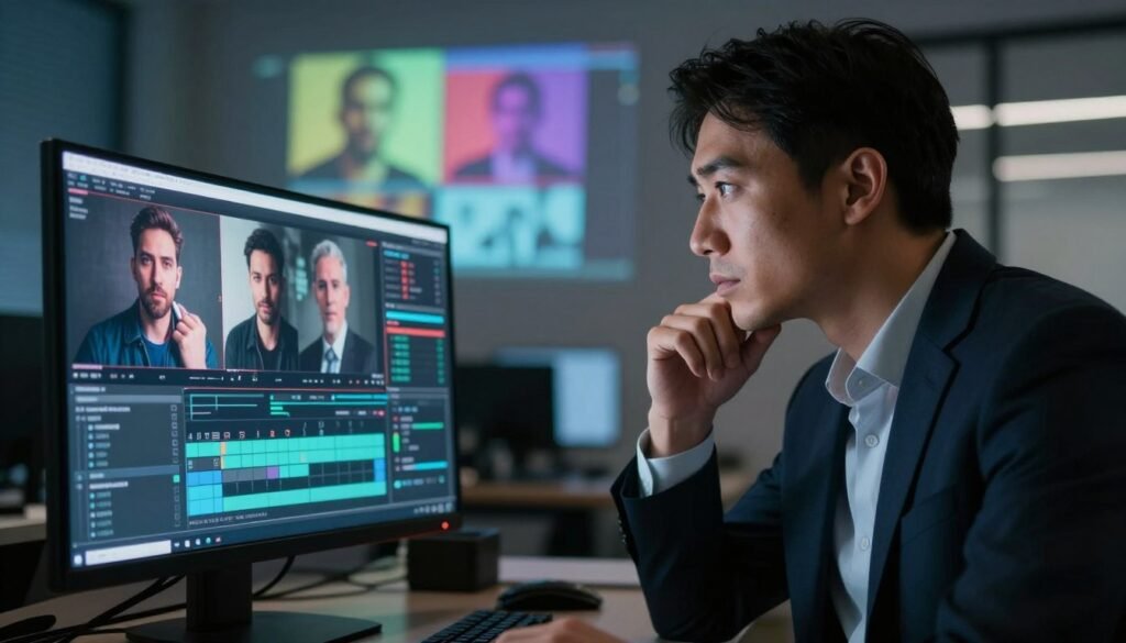 A close-up of a professional in a modern office environment, intently analyzing a screen displaying intricate digital video manipulation techniques, with various deepfake visuals overlaying the display. The subject, wearing smart business attire, is focused and contemplative, surrounded by a sleek, high-tech workspace. In the background, a flickering projector casts colorful images related to misinformation concepts, such as distorted faces and conflicting news clips. Soft, ambient lighting highlights the subject’s expression, casting shadows that emphasize the seriousness of the matter. The atmosphere feels tense yet thought-provoking, capturing the urgent nature of deepfake technology and its implications for public opinion. The image reflects the duality of technological advancement and ethical concerns in media.