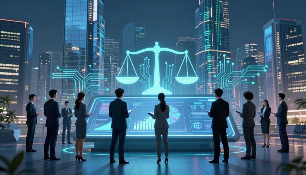 A conceptual representation of AI regulation, featuring a futuristic city skyline in the background with towering glass buildings reflecting digital data streams. In the foreground, a diverse group of professionals dressed in business attire stands around a large interactive touchscreen display showing graphs and charts related to AI legislation. The middle ground includes stylized representations of legal scales and circuit board patterns intertwined, symbolizing the balance between technology and law. Soft blue and green ambient lighting highlights the seriousness of the topic, while dynamic shadows create a sense of depth. The atmosphere conveys a mood of collaboration and determination as society navigates the complexities of AI governance.