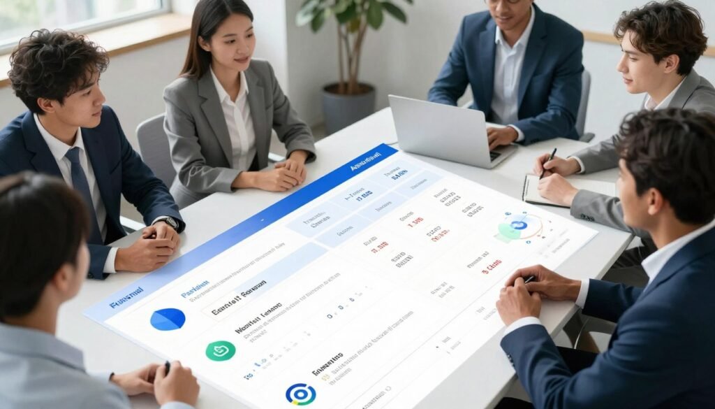 A detailed and organized comparison table displaying various AI services and tools, showcasing key metrics like profitability potential. In the foreground, focus on a clean, modern table layout featuring icons and graphics representing different AI solutions. In the middle, include clear columns for features, pricing, and profit margins. The background features a professional office environment with soft, natural lighting, highlighting a group of diverse professionals in business attire discussing the table enthusiastically. The atmosphere conveys innovation and collaboration, symbolizing the future of AI in business. Angle the view slightly from above to capture the entire table and the engaged team. No text or overlays are present in the image.