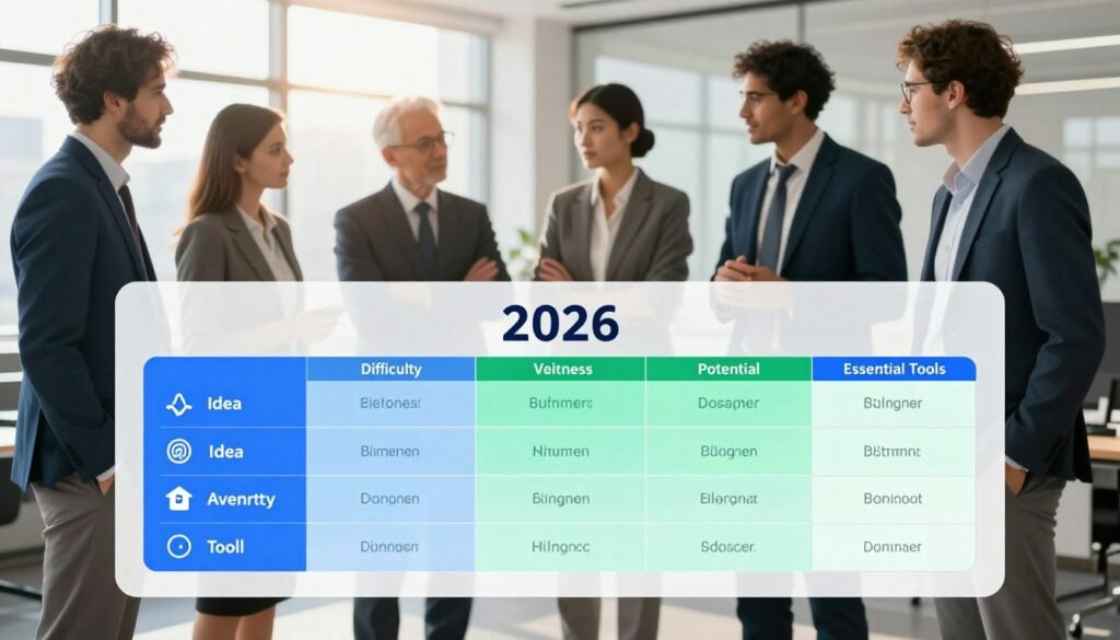 A detailed and visually engaging comparative tableau illustrating the essential AI tools for business opportunities in 2026. In the foreground, a sleek, modern table displays various AI tools and their attributes, including icons representing "Idea", "Difficulty", "Potential", and "Essential Tools". Each section is color-coded, using a professional palette of blues and greens to suggest trust and innovation. In the middle ground, a diverse group of business professionals in business attire discusses the tableau, reflecting collaboration and strategy. The background features a soft-focus office setting with large windows, allowing natural light to cast a warm glow over the scene. The overall mood is one of inspiration and forward-thinking, emphasizing the exciting possibilities of AI entrepreneurship.