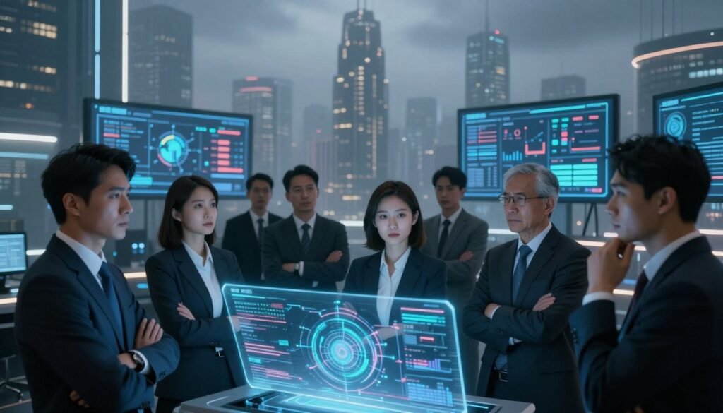 A dramatic scene depicting the challenges of artificial intelligence in China, showcasing a futuristic city skyline with high-tech buildings in the background, partially shrouded in smog for a moody atmosphere. In the foreground, a diverse group of professionals in business attire gathers around a holographic display showing complex AI algorithms and data flows, their expressions reflecting concern and contemplation. Soft, ambient lighting illuminates their faces, enhancing the sense of urgency. The middle ground features towering screens with graphs and statistics, symbolizing the technological race. Capture this moment from a slightly elevated angle for a dynamic perspective, emphasizing the contrast between innovation and the overhanging challenges. Aim for a polished, high-resolution look that evokes a thoughtful atmosphere about the future of AI in China. A dramatic scene depicting the challenges of artificial intelligence in China, showcasing a futuristic city skyline with high-tech buildings in the background, partially shrouded in smog for a moody atmosphere. In the foreground, a diverse group of professionals in business attire gathers around a holographic display showing complex AI algorithms and data flows, their expressions reflecting concern and contemplation. Soft, ambient lighting illuminates their faces, enhancing the sense of urgency. The middle ground features towering screens with graphs and statistics, symbolizing the technological race. Capture this moment from a slightly elevated angle for a dynamic perspective, emphasizing the contrast between innovation and the overhanging challenges. Aim for a polished, high-resolution look that evokes a thoughtful atmosphere about the future of AI in China.