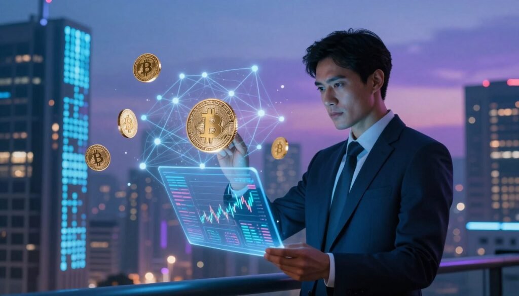 A dramatic scene depicting the interplay between artificial intelligence and cryptocurrency, set in a futuristic cityscape. In the foreground, a confident business professional in a sleek suit examines a holographic display of market data, including fluctuating crypto charts and AI algorithms. In the middle ground, stylized representations of digital coins and AI neural networks intertwine, symbolizing the merging of technology and finance. The background features skyscrapers with glowing screens showcasing binary code, illuminated against a twilight sky, casting a blue and purple hue that conveys both innovation and trepidation. The atmosphere is tense yet hopeful, hinting at the potential risks and rewards of this emerging sector. Use soft, ambient lighting to enhance the mood and create depth.