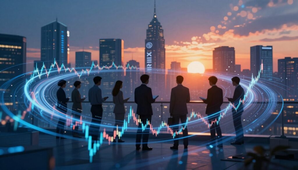 A dynamic and abstract visualization of technology market volatility, featuring a swirling pattern of fluctuating stock market graphs and digital data streams in the foreground. In the middle, silhouettes of business professionals in suits analyze the trends, conveying a sense of urgency and strategic decision-making. The background showcases a futuristic city skyline with prominent tech company logos subtly integrated into the architecture, set against a dramatic sunset that casts a warm yet tense glow over the scene. The lighting is a blend of cool blue and warm orange hues, with soft focus elements to enhance depth. The atmosphere reflects uncertainty and potential, capturing the essence of volatility in the tech market. A dynamic and abstract visualization of technology market volatility, featuring a swirling pattern of fluctuating stock market graphs and digital data streams in the foreground. In the middle, silhouettes of business professionals in suits analyze the trends, conveying a sense of urgency and strategic decision-making. The background showcases a futuristic city skyline with prominent tech company logos subtly integrated into the architecture, set against a dramatic sunset that casts a warm yet tense glow over the scene. The lighting is a blend of cool blue and warm orange hues, with soft focus elements to enhance depth. The atmosphere reflects uncertainty and potential, capturing the essence of volatility in the tech market.