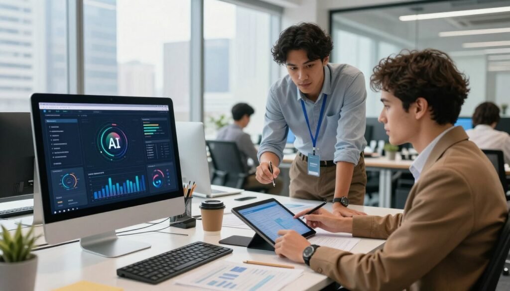 A dynamic and modern office environment designed for a business integrating advanced AI tools. In the foreground, a sleek computer display showcases various AI applications for lead generation, featuring intuitive dashboards and analytics graphics. The middle ground features a diverse team of two professionals, dressed in smart casual attire, collaborating around a large table covered with digital tablets, papers, and cups of coffee. They analyze data and brainstorm ideas, highlighting teamwork and innovation. In the background, large windows let in bright, natural light, with a cityscape view symbolizing growth and opportunity. The atmosphere is vibrant and focused, reflecting a future-oriented workspace bustling with creativity and technological advancement. A dynamic and modern office environment designed for a business integrating advanced AI tools. In the foreground, a sleek computer display showcases various AI applications for lead generation, featuring intuitive dashboards and analytics graphics. The middle ground features a diverse team of two professionals, dressed in smart casual attire, collaborating around a large table covered with digital tablets, papers, and cups of coffee. They analyze data and brainstorm ideas, highlighting teamwork and innovation. In the background, large windows let in bright, natural light, with a cityscape view symbolizing growth and opportunity. The atmosphere is vibrant and focused, reflecting a future-oriented workspace bustling with creativity and technological advancement.