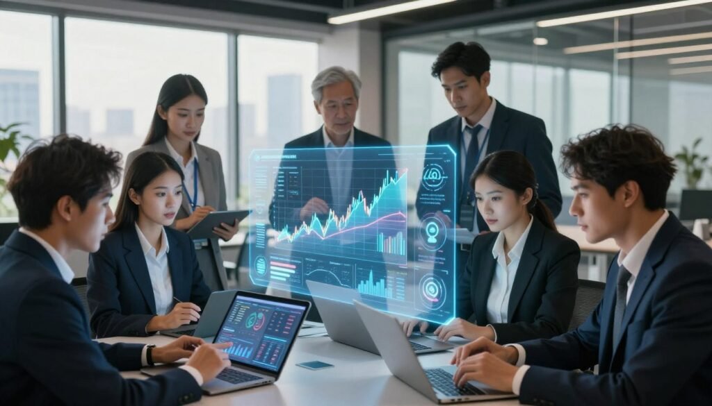 A dynamic and visually striking depiction of risk assessment in the context of AI investment strategies. In the foreground, a diverse group of professionals dressed in smart business attire, analyzing data on digital tablets and laptops, exhibit focused expressions. In the middle, a large holographic display projects complex graphs and risk factors related to investing in AI companies, surrounded by digital icons representing various market challenges. The background features a modern office space with glass walls and panoramic city views, softened by natural lighting that casts a warm glow, creating an optimistic yet cautious atmosphere. The composition should be framed from a slightly elevated angle, emphasizing the collaboration and urgency of evaluating risks before making investment decisions.