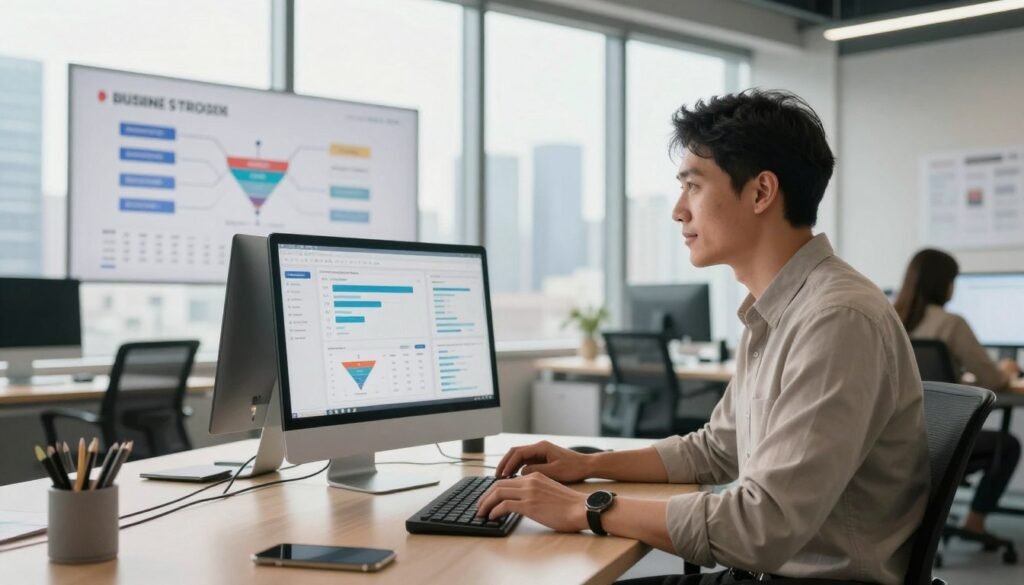 A dynamic, professional scene depicting a solopreneur in a modern, sleek office environment focused on lead generation strategies. In the foreground, a confident individual, a mid-30s male or female, dressed in smart casual business attire, engaged with a computer screen displaying charts and analytics. In the middle ground, a digital board shows visual representations of client acquisition processes, such as funnels and campaigns, while the background features large windows with a city skyline, letting in bright, natural light that creates an energizing atmosphere. Soft, diffused lighting casts warm tones across the room, evoking a sense of productivity and innovation. The overall mood is one of optimism and motivation, perfectly aligning with the theme of harnessing AI for business growth. A dynamic, professional scene depicting a solopreneur in a modern, sleek office environment focused on lead generation strategies. In the foreground, a confident individual, a mid-30s male or female, dressed in smart casual business attire, engaged with a computer screen displaying charts and analytics. In the middle ground, a digital board shows visual representations of client acquisition processes, such as funnels and campaigns, while the background features large windows with a city skyline, letting in bright, natural light that creates an energizing atmosphere. Soft, diffused lighting casts warm tones across the room, evoking a sense of productivity and innovation. The overall mood is one of optimism and motivation, perfectly aligning with the theme of harnessing AI for business growth.