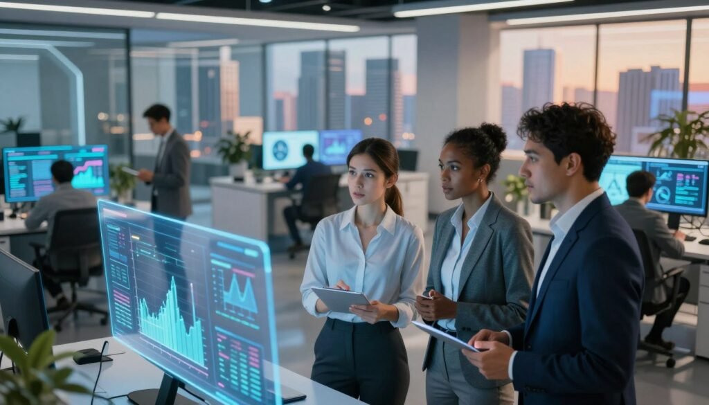 A dynamic scene depicting a futuristic office environment filled with professionals engaging in discussions about AI investments. In the foreground, a diverse group of three businesspeople of varying ethnicities, dressed in professional business attire, are intently analyzing graphs and digital data on a sleek holographic display. In the middle ground, an array of modern office furniture and interactive screens showcase advanced AI technologies and investment opportunities. The background features a city skyline with high-tech buildings, bathed in soft, warm lighting that suggests optimism and innovation. The overall atmosphere is one of collaboration, strategy, and forward-thinking, captured from a slightly elevated angle to emphasize the engaged conversations and the vibrant working environment. A dynamic scene depicting a futuristic office environment filled with professionals engaging in discussions about AI investments. In the foreground, a diverse group of three businesspeople of varying ethnicities, dressed in professional business attire, are intently analyzing graphs and digital data on a sleek holographic display. In the middle ground, an array of modern office furniture and interactive screens showcase advanced AI technologies and investment opportunities. The background features a city skyline with high-tech buildings, bathed in soft, warm lighting that suggests optimism and innovation. The overall atmosphere is one of collaboration, strategy, and forward-thinking, captured from a slightly elevated angle to emphasize the engaged conversations and the vibrant working environment.