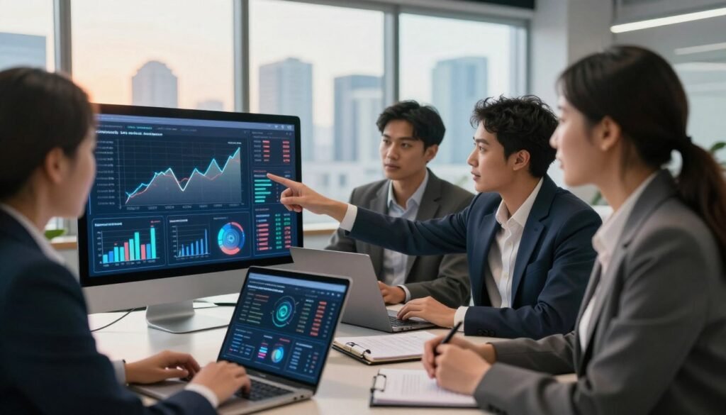 A dynamic scene depicting a group of diverse business professionals analyzing data on various startups focusing on artificial intelligence in 2026. In the foreground, a woman in a smart business suit points at a digital screen displaying graphs and data trends, while her colleagues, a man and another woman, focus intently on her insights. In the middle ground, there are sleek laptops and notebooks filled with statistics and visual analytics. The background features a modern office setting with large windows showcasing a city skyline, bathed in warm, natural light that creates a professional and optimistic atmosphere. The mood is one of collaboration and critical analysis, reflecting the potential risks and opportunities of AI startups in a competitive market. A dynamic scene depicting a group of diverse business professionals analyzing data on various startups focusing on artificial intelligence in 2026. In the foreground, a woman in a smart business suit points at a digital screen displaying graphs and data trends, while her colleagues, a man and another woman, focus intently on her insights. In the middle ground, there are sleek laptops and notebooks filled with statistics and visual analytics. The background features a modern office setting with large windows showcasing a city skyline, bathed in warm, natural light that creates a professional and optimistic atmosphere. The mood is one of collaboration and critical analysis, reflecting the potential risks and opportunities of AI startups in a competitive market.