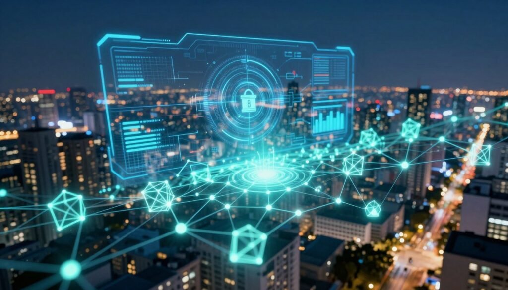 A futuristic blockchain concept displayed in a high-tech environment. In the foreground, intricate digital connections and glowing blockchain nodes, symbolizing secure transactions. The middle layer features an artificial intelligence interface analyzing data streams, with sophisticated algorithms visualized through dynamic graphics. In the background, a city skyline illuminated by a vibrant night sky, representing innovation and technology. Soft, ethereal lighting enhances the depth, with a blend of blues and greens to evoke a sense of advanced technology. The atmosphere is dynamic and forward-looking, capturing the convergence of AI and blockchain. Aerial perspective with a slight tilt adds a dramatic angle, emphasizing the digital landscape. The image should be devoid of text or logos, focusing solely on the visual narrative of technology.