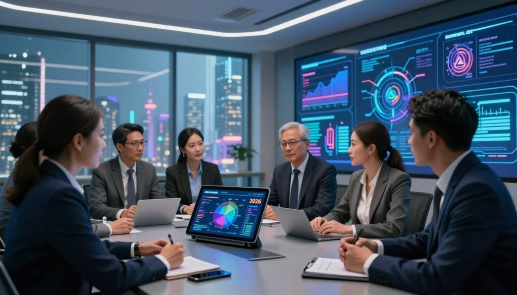 A futuristic business meeting in a high-tech conference room focused on AI market projections for 2026. In the foreground, a diverse group of professionals in smart business attire are engaged in a discussion around a sleek digital tablet displaying colorful graphs and data visualizations of various AI segments. In the middle ground, large windows reveal a bustling cityscape with advanced technology, symbolizing innovation and growth. The background features a vibrant digital display showcasing various AI applications, such as automation and analytics. Soft, ambient lighting creates an optimistic atmosphere, while a wide-angle perspective emphasizes the collaboration and the forward-looking spirit of the AI industry. The overall mood is dynamic and strategic, emphasizing a deep analysis of AI's potential.
