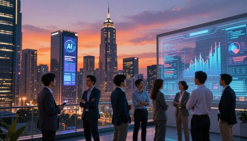 A futuristic city skyline at dusk, portraying the essence of AI startups. In the foreground, a diverse group of professionals in smart business attire are engaged in animated discussions, standing in front of a holographic display showing market trends and data analytics. The middle ground features sleek, modern buildings with digital billboards showcasing innovative AI solutions. In the background, a vibrant orange and purple sunset illuminates the sky, casting a warm glow over the scene. Soft, diffused lighting enhances the atmosphere of innovation and progress. The angle is slightly elevated, emphasizing the grandeur of the city while capturing the dynamic spirit of the startup ecosystem. Overall, the image conveys optimism and forward-thinking in the AI market for 2027-2028.