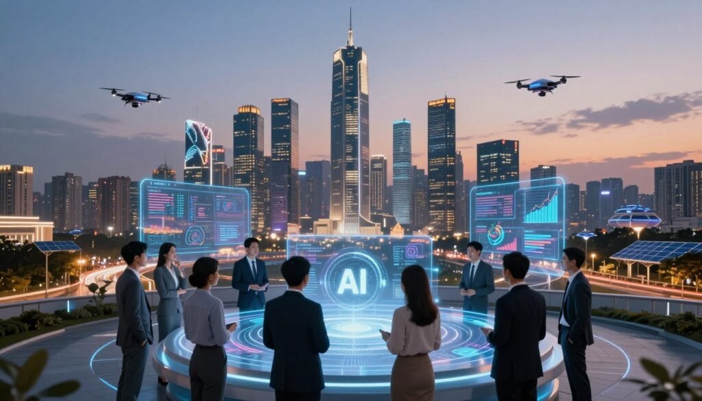 A futuristic city skyline illuminated by a twilight glow, showcasing buildings with integrated AI technology, such as drones flying and holographic advertisements. In the foreground, a diverse group of professionals in business attire gather around a sleek, interactive digital interface displaying AI trends. The middle ground features floating data visualizations and dynamic graphs representing AI statistics and growth. The background shows a network of smart transportation and renewable energy sources enhancing the urban landscape. The scene is bathed in soft, ambient lighting to create an innovative yet inviting atmosphere, emphasizing collaboration and progress in the AI ecosystem. Use a wide-angle lens perspective to capture the vibrancy of this technological transformation.