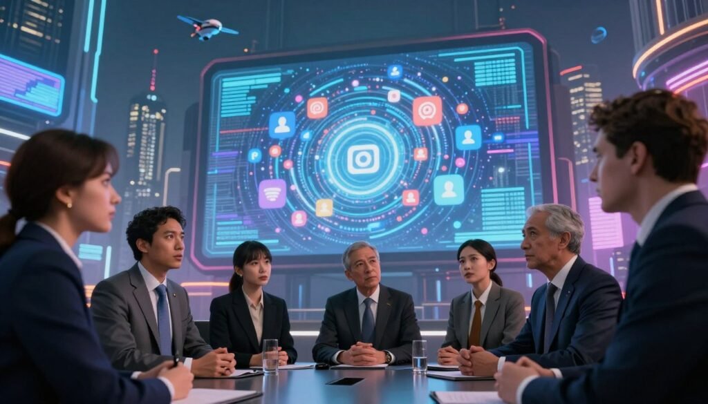 A futuristic cityscape illustrating the theme of AI and public opinion manipulation. In the foreground, a group of diverse, professionally dressed leaders and decision-makers engage in a heated discussion, their expressions serious and contemplative. In the middle ground, a large digital screen displays a swirling mass of social media icons and data streams, symbolizing the influence of AI technologies on public perception. The background features a skyline filled with advanced technology, glowing billboards, and drones, conveying a modern yet slightly dystopian atmosphere. The scene is illuminated by a mix of neon lights and soft ambient lighting, creating a thought-provoking and ethical ambiance. The angle is slightly low, enhancing the dramatic effect of the scene while maintaining a focus on the subjects' interactions. A futuristic cityscape illustrating the theme of AI and public opinion manipulation. In the foreground, a group of diverse, professionally dressed leaders and decision-makers engage in a heated discussion, their expressions serious and contemplative. In the middle ground, a large digital screen displays a swirling mass of social media icons and data streams, symbolizing the influence of AI technologies on public perception. The background features a skyline filled with advanced technology, glowing billboards, and drones, conveying a modern yet slightly dystopian atmosphere. The scene is illuminated by a mix of neon lights and soft ambient lighting, creating a thought-provoking and ethical ambiance. The angle is slightly low, enhancing the dramatic effect of the scene while maintaining a focus on the subjects' interactions.