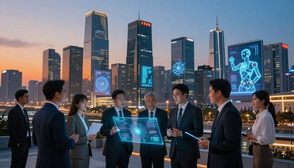 A futuristic cityscape of China, showcasing high-tech advancements in artificial intelligence. In the foreground, a diverse group of professionals in business attire examines holographic data displays, engaged in deep discussion. The middle layer features modern skyscrapers adorned with digital billboards illustrating AI concepts, such as neural networks and robotics. In the background, a clear evening sky transitions from warm orange to deep blue, reflecting the bustling energy of innovation. Soft, ambient lighting highlights the glow of the technology, creating a dynamic and inspiring atmosphere. The scene evokes a sense of optimism and confidence about China’s position in the AI race, emphasizing collaboration and advancement. Use a wide-angle lens to capture the grandeur and depth of the city. A futuristic cityscape of China, showcasing high-tech advancements in artificial intelligence. In the foreground, a diverse group of professionals in business attire examines holographic data displays, engaged in deep discussion. The middle layer features modern skyscrapers adorned with digital billboards illustrating AI concepts, such as neural networks and robotics. In the background, a clear evening sky transitions from warm orange to deep blue, reflecting the bustling energy of innovation. Soft, ambient lighting highlights the glow of the technology, creating a dynamic and inspiring atmosphere. The scene evokes a sense of optimism and confidence about China’s position in the AI race, emphasizing collaboration and advancement. Use a wide-angle lens to capture the grandeur and depth of the city.