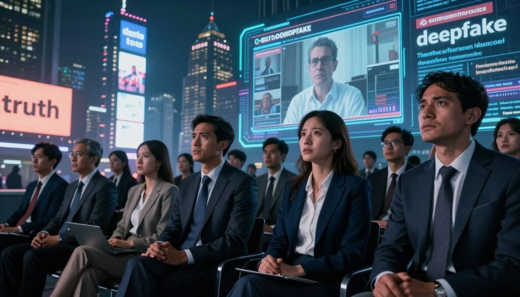 A futuristic digital landscape in 2026, showcasing the effects of manipulated videos on democracy. In the foreground, a diverse group of professionals in business attire watches a holographic display of distorted video footage, their expressions a mix of concern and skepticism. In the middle ground, a city skyline looms, with bright neon lights and high-tech billboards showcasing contrasting "truth" and "deepfake" messages. The background features a large digital screen broadcasting news headlines in a chaotic manner, hinting at misinformation. Use dramatic, cinematic lighting that casts shadows on the faces of the viewers, creating an atmosphere of tension and uncertainty. The angle should be slightly low, emphasizing the scale of the digital environment and the gravity of the situation.