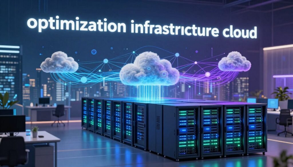 A futuristic digital workspace representing "optimization infrastructure cloud." In the foreground, a sleek, modern server rack glows with blue and green lights, symbolizing data flow and connectivity. The middle layer features abstract representations of cloud networks, interconnected nodes, and streams of data, all in a vibrant color scheme blending blues, purples, and whites. The background shows a city skyline with advanced architecture, hinting at scalability and innovation in AI business solutions. Soft ambient lighting casts a professional yet inspiring atmosphere, ideal for entrepreneurs. Use a wide-angle perspective to capture the depth of the scene, ensuring a clean, tech-savvy look without any text or distracting elements.