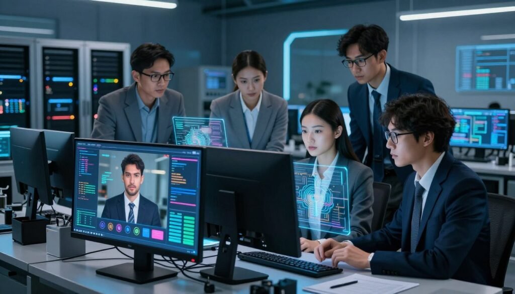A futuristic digital workspace showcasing the concept of deepfake technology. In the foreground, a sleek computer screen displays manipulated video footage of a professional individual, analyzed with intricate algorithms visually represented in colorful graphics. The middle layer features a diverse team of professionals in business attire, deeply focused on their work with holographic data projections illuminating their expressions, conveying a sense of collaboration and innovation. In the background, a high-tech laboratory filled with advanced AI equipment, including servers and monitors displaying complex code, sets a research-driven atmosphere. Soft, ambient lighting enhances the futuristic mood, while a slight blue hue casts a technological feel, suggestive of machine learning and digital manipulation. The angle captures the dynamic interaction among the team, emphasizing the blend of human expertise and artificial intelligence.