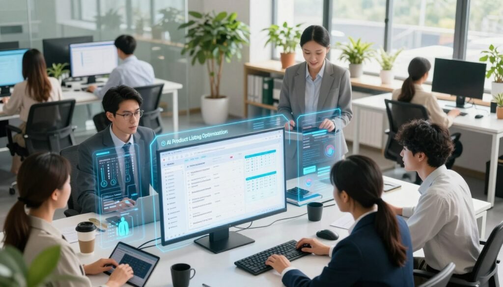 A futuristic e-commerce workspace, focusing on "AI Product Listing Optimization". In the foreground, a diverse team of professionals, dressed in smart business attire, are collaborating around a sleek digital interface showcasing product listings. The middle layer features holographic displays of AI algorithms and analytics, illuminating the scene with a soft blue glow. In the background, a modern office filled with vibrant greenery, large windows, and tech gadgets creates a warm yet innovative atmosphere. The lighting is bright and inviting, highlighting the teamwork and synergy. The angle is slightly elevated, capturing both the people and the high-tech environment in harmony, symbolizing the future of automated product writing in e-commerce. A futuristic e-commerce workspace, focusing on "AI Product Listing Optimization". In the foreground, a diverse team of professionals, dressed in smart business attire, are collaborating around a sleek digital interface showcasing product listings. The middle layer features holographic displays of AI algorithms and analytics, illuminating the scene with a soft blue glow. In the background, a modern office filled with vibrant greenery, large windows, and tech gadgets creates a warm yet innovative atmosphere. The lighting is bright and inviting, highlighting the teamwork and synergy. The angle is slightly elevated, capturing both the people and the high-tech environment in harmony, symbolizing the future of automated product writing in e-commerce.