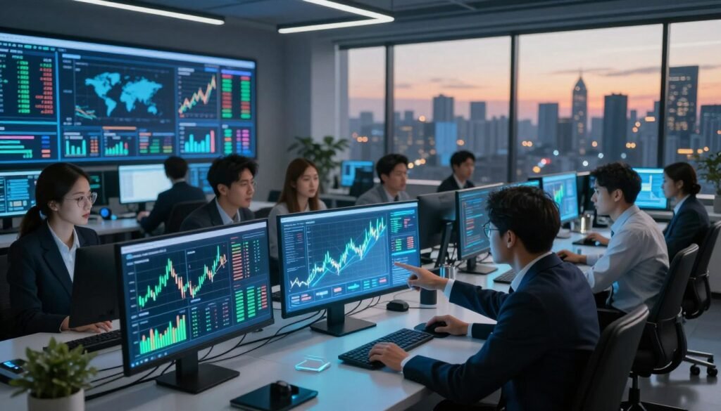 A futuristic financial analysis room featuring advanced artificial intelligence technology at work. In the foreground, a sleek computer workstation displays complex data visualizations and AI algorithms, glowing in blue and green hues. A diverse team of professional analysts, dressed in business attire, engages in focused discussions, pointing at interactive holographic graphs that predict financial trends and crises. In the middle ground, large digital screens showcase real-time financial metrics and AI analytics at play. The background reveals a panoramic city skyline, symbolizing global finance, under a twilight sky with warm lighting. The atmosphere is one of dynamism and innovation, suggesting speed and power in calculations. Capture this scene from a slightly elevated angle to emphasize the high-tech environment. A futuristic financial analysis room featuring advanced artificial intelligence technology at work. In the foreground, a sleek computer workstation displays complex data visualizations and AI algorithms, glowing in blue and green hues. A diverse team of professional analysts, dressed in business attire, engages in focused discussions, pointing at interactive holographic graphs that predict financial trends and crises. In the middle ground, large digital screens showcase real-time financial metrics and AI analytics at play. The background reveals a panoramic city skyline, symbolizing global finance, under a twilight sky with warm lighting. The atmosphere is one of dynamism and innovation, suggesting speed and power in calculations. Capture this scene from a slightly elevated angle to emphasize the high-tech environment.