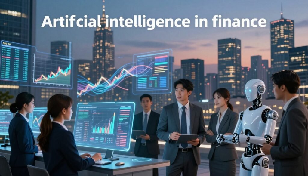 A futuristic financial ecosystem illustrating "artificial intelligence in finance". In the foreground, a diverse group of professionals in business attire, including a woman analyzing data on a holographic screen, and a man discussing strategies with a robotic assistant. The middle ground features sleek, digital market graphs, algorithms represented visually as flowing data streams, and a dynamic stock ticker in motion. In the background, a modern city skyline at dusk with illuminated skyscrapers, reflecting a high-tech atmosphere. Soft, ambient lighting casts a professional glow, emphasizing innovation. The mood is optimistic and forward-looking, showcasing the transformative impact of AI on global finance in 2026. The scene captures the convergence of technology and finance seamlessly.