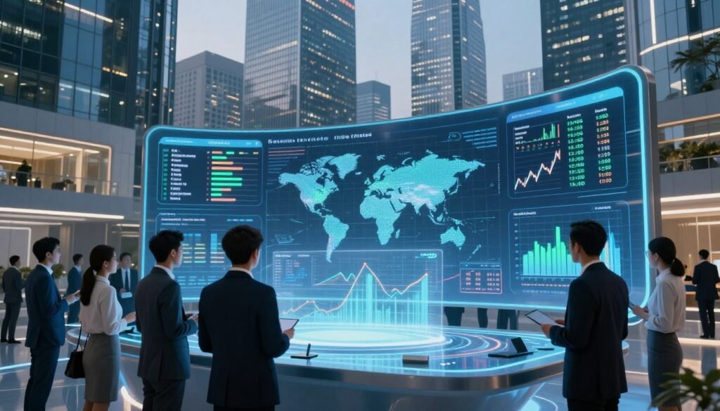 A futuristic financial hub, showcasing cutting-edge technology in finance powered by AI. In the foreground, a diverse group of professionals in business attire collaborate around a high-tech holographic display of financial data and analytics. In the middle, sleek digital interfaces and screens project dynamic graphs, showing trends and innovations in global finance. The background features a modern city skyline with glass skyscrapers, illuminated by soft blue and green lighting that conveys a sense of advancement and optimism. The atmosphere feels energetic and innovative, capturing the essence of a world transformed by AI in finance. Use a wide-angle lens to emphasize the scale of the environment and create depth, highlighting the interplay between technology and human expertise.