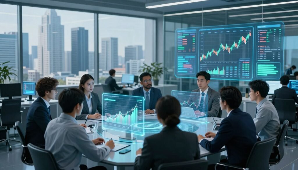 A futuristic financial office setting, showcasing advanced AI technology at work. In the foreground, a diverse team of professionals in business attire are engaged in a strategic discussion, surrounded by holographic graphs and data displays illustrating risk management trends. The middle ground features sleek digital screens displaying real-time financial analytics and AI algorithms. In the background, a panoramic view of a modern city skyline suggests a hub of innovation and growth. Soft blue and green lighting creates a calm, focused atmosphere, while reflections on glass surfaces add depth. The angle is slightly elevated, capturing the intensity and collaboration of the team.