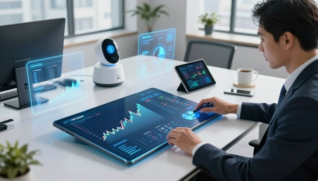 A futuristic financial technology workspace, showcasing AI-driven financial tools. In the foreground, a sleek digital interface displays graphs, charts, and analytics on a transparent touchscreen operated by a professional in business attire, focused and engaged. The middle ground features a modern desk with sophisticated gadgets such as a tablet, a smart assistant device, and holographic projections of currency and stock data. The background portrays a high-tech office environment with large windows, allowing natural light to pour in, illuminating the space. The overall atmosphere is one of innovation and professionalism, emphasizing a strategic analysis of personal finance management by AI in 2026. The scene is captured from a slightly elevated angle, enhancing the depth and engagement within the technical financial landscape.