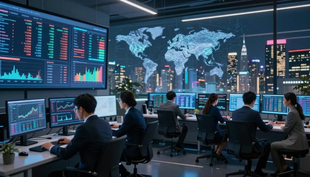 A futuristic financial trading room filled with advanced technology. In the foreground, a diverse group of professionals in business attire intensely analyzing data on large digital screens displaying complex graphs, currency symbols, and AI algorithms. The middle ground features sleek workstations with holographic interfaces showcasing real-time financial analytics and predictive models. In the background, a panoramic view of a city skyline illuminated by neon lights represents global finance, with a digital overlay of AI patterns suggesting intelligent analysis. Soft ambient lighting creates a high-tech atmosphere, emphasizing the synergy between finance and AI, while a slight focus blur on the distant skyline adds depth. The overall mood conveys innovation, collaboration, and the transformative power of artificial intelligence in global finance. A futuristic financial trading room filled with advanced technology. In the foreground, a diverse group of professionals in business attire intensely analyzing data on large digital screens displaying complex graphs, currency symbols, and AI algorithms. The middle ground features sleek workstations with holographic interfaces showcasing real-time financial analytics and predictive models. In the background, a panoramic view of a city skyline illuminated by neon lights represents global finance, with a digital overlay of AI patterns suggesting intelligent analysis. Soft ambient lighting creates a high-tech atmosphere, emphasizing the synergy between finance and AI, while a slight focus blur on the distant skyline adds depth. The overall mood conveys innovation, collaboration, and the transformative power of artificial intelligence in global finance.