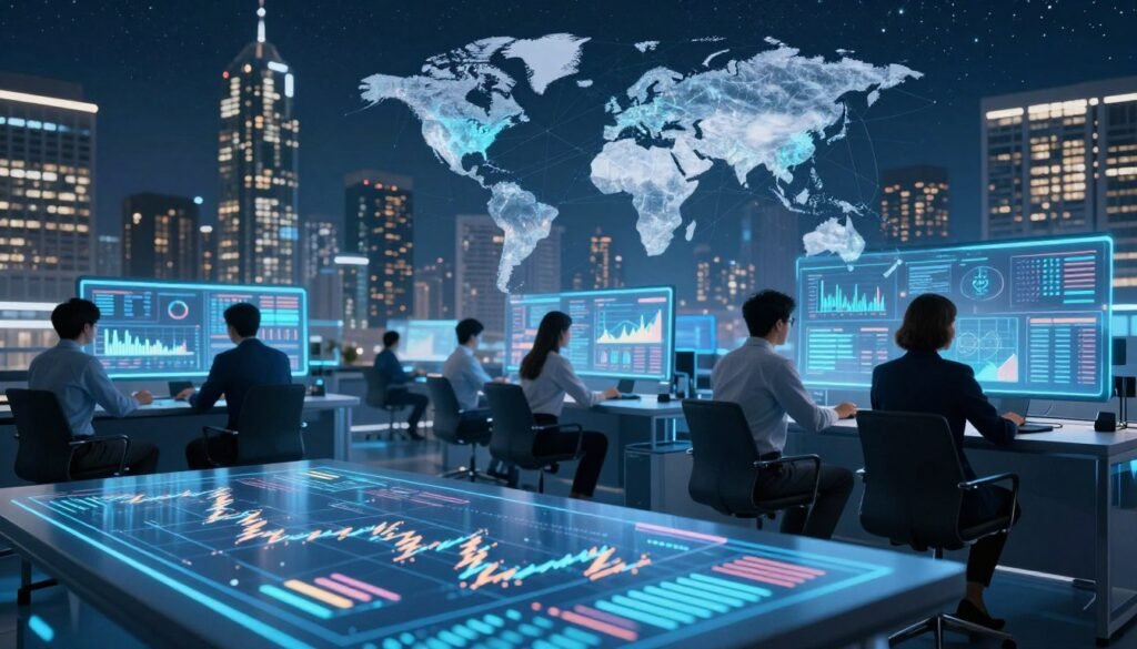 A futuristic financial workspace showcasing the essence of artificial intelligence in finance. In the foreground, a sleek holographic interface displays real-time financial data patterns and algorithms, illuminating the space. The middle ground features professionals in business attire deeply engaged with cutting-edge technology, analyzing virtual charts and predictive models on transparent screens. In the background, a cityscape of towering skyscrapers glows under a night sky filled with stars, symbolizing a connected global economy. The lighting is bright yet sophisticated, with cool blue tones creating a tech-savvy atmosphere. The overall mood conveys innovation, intelligence, and progress within the realm of finance.