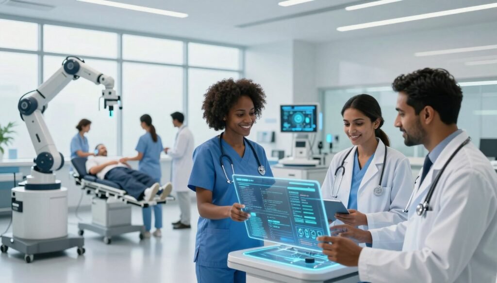 A futuristic healthcare setting showcasing advanced artificial intelligence applications. In the foreground, a diverse group of healthcare professionals, including a Black nurse and a South Asian doctor, analyze patient data on transparent digital screens, dressed in professional business attire. The middle ground features robotic devices assisting in patient care, while a high-tech diagnostic machine emits a soft blue glow. In the background, a bright, modern hospital environment with large windows allowing natural light to flood the space. The atmosphere is optimistic and innovative, highlighting the positive impact of AI in healthcare. Capture the image with a wide-angle lens to emphasize the collaborative scene, with dynamic lighting creating an engaging, forward-looking mood.