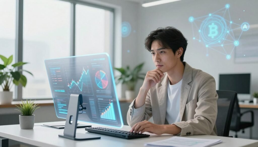 A futuristic investment platform focused on AI technology, showcasing a professional financial analyst in smart casual attire reviewing data on a sleek, transparent display screen. In the foreground, the analyst has a thoughtful expression, surrounded by holographic graphs and charts illustrating market trends and diversification strategies. The middle ground features a modern office setup with minimalist design elements, large windows letting in soft daylight, and green plants for a touch of nature. In the background, abstract representations of neural networks and digital currency symbols subtly blend, creating a seamless connection to the AI theme. The overall mood is one of optimism and innovation, with a clean composition and a light color palette that conveys professionalism and confidence in the future of AI investments. A futuristic investment platform focused on AI technology, showcasing a professional financial analyst in smart casual attire reviewing data on a sleek, transparent display screen. In the foreground, the analyst has a thoughtful expression, surrounded by holographic graphs and charts illustrating market trends and diversification strategies. The middle ground features a modern office setup with minimalist design elements, large windows letting in soft daylight, and green plants for a touch of nature. In the background, abstract representations of neural networks and digital currency symbols subtly blend, creating a seamless connection to the AI theme. The overall mood is one of optimism and innovation, with a clean composition and a light color palette that conveys professionalism and confidence in the future of AI investments.