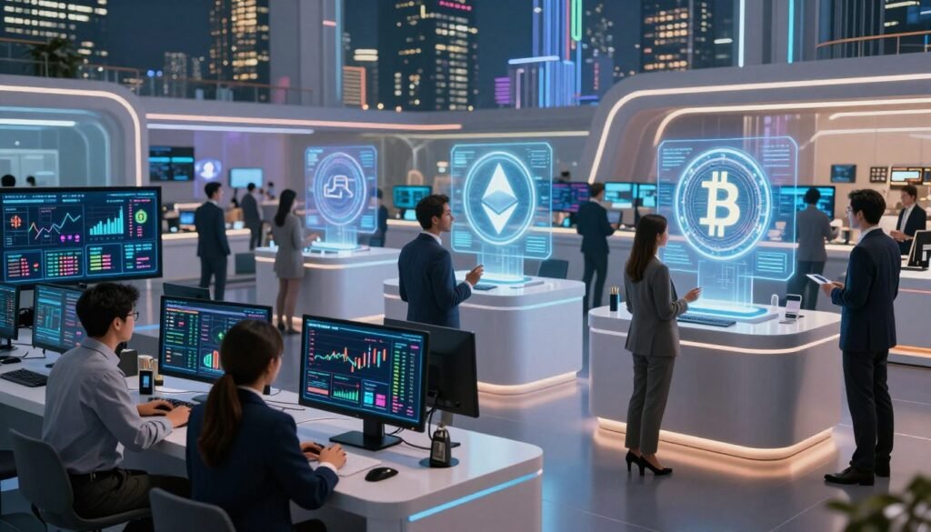 A futuristic marketplace showcasing the intersection of artificial intelligence and cryptocurrency in 2026. In the foreground, diverse professionals in business attire engage in discussions over advanced digital displays filled with crypto data, charts, and AI insights. The middle ground features sleek, modern kiosks where holograms of cryptocurrencies, like Bitcoin and Ethereum, float above interactive screens. In the background, a vibrant cityscape with high-tech buildings, illuminated by LED lights, suggests a bustling, tech-driven economy. The atmosphere conveys innovation and optimism, with a soft, ambient glow highlighting the interaction between AI and crypto, creating a sense of opportunity and transformation. The scene captures dynamic interactions of people, technology, and finance.