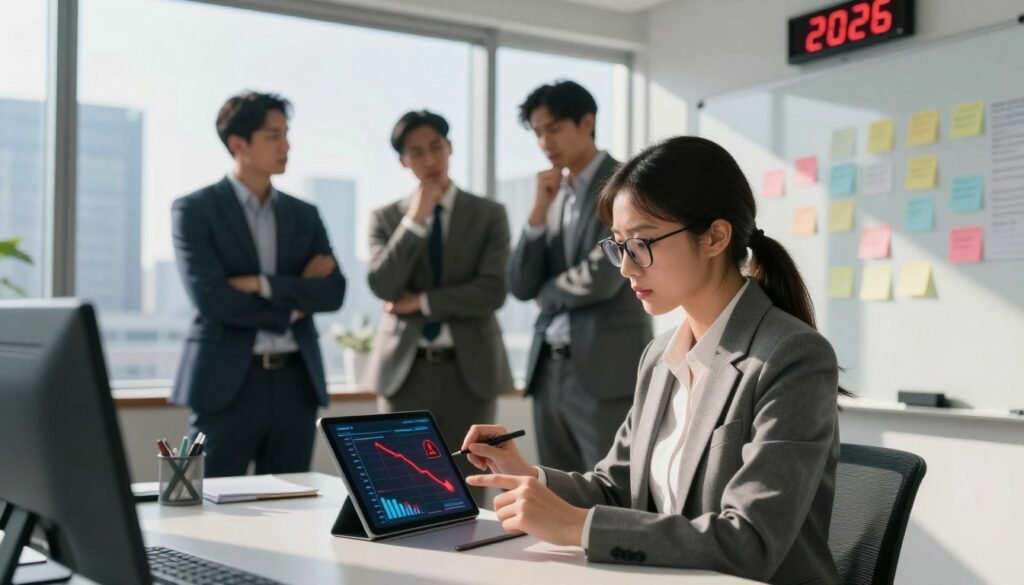 A futuristic office environment displaying a group of diverse professionals in business attire engrossed in a discussion about AI startups. In the foreground, a young woman with glasses analyzes a digital graph on a tablet, showing red warning signs and declining trends, symbolizing overvaluation. In the middle ground, two men are brainstorming with sticky notes on a whiteboard, portraying concern and urgency. The background features large windows with a skyline view of a bustling city, with a digital clock displaying the year 2026. The scene is well-lit with natural light streaming in, casting soft shadows for an analytical and tense atmosphere that reflects the imminent danger of an AI market bubble. A futuristic office environment displaying a group of diverse professionals in business attire engrossed in a discussion about AI startups. In the foreground, a young woman with glasses analyzes a digital graph on a tablet, showing red warning signs and declining trends, symbolizing overvaluation. In the middle ground, two men are brainstorming with sticky notes on a whiteboard, portraying concern and urgency. The background features large windows with a skyline view of a bustling city, with a digital clock displaying the year 2026. The scene is well-lit with natural light streaming in, casting soft shadows for an analytical and tense atmosphere that reflects the imminent danger of an AI market bubble.